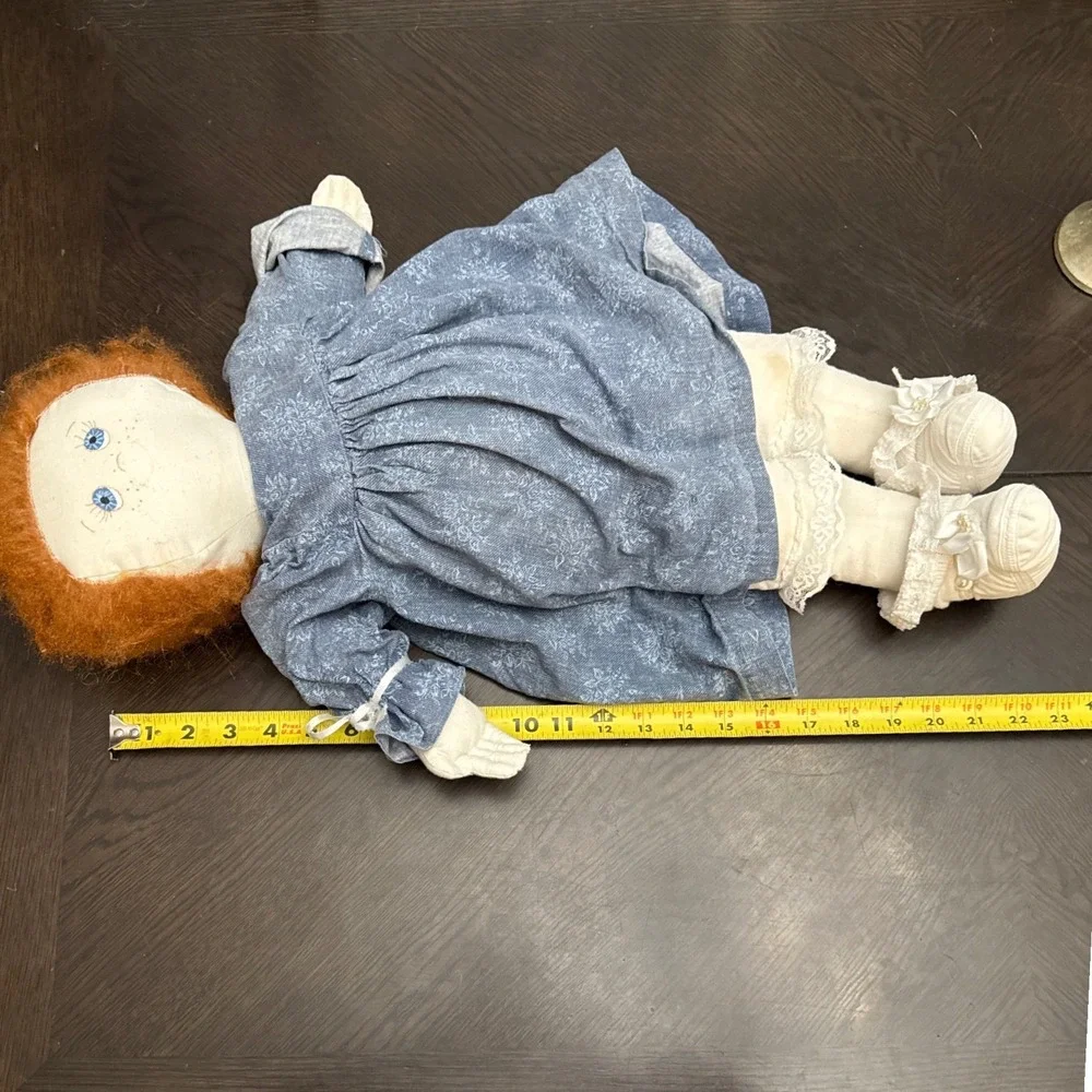 Handmade Cloth Rag Doll Red Hair Blue Eyes Blue Floral Prairie Dress‎ 23 Inch